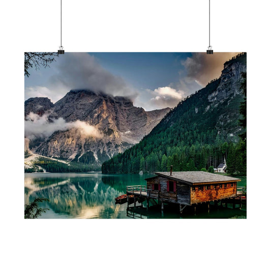 Matte Horizontal Poster — Serene Mountain Lake Cabin Wall Art
