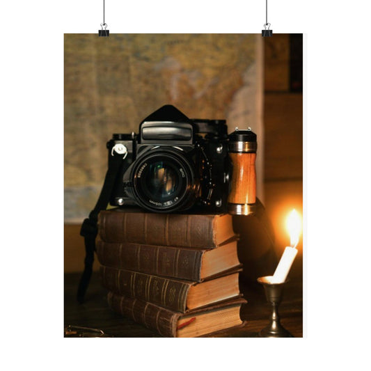Vintage Camera on Books Matte Poster — Retro Photography Wall Art