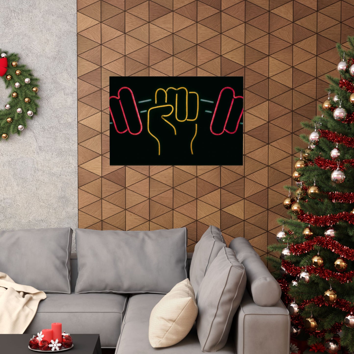Neon Fitness Poster — Fist Gripping Dumbbell Matte Horizontal Wall Art