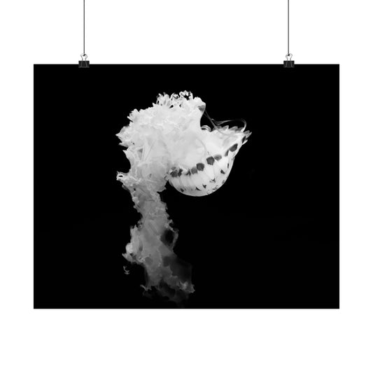 Jellyfish Smoke Matte Horizontal Poster — Minimal Black & White Ocean Art