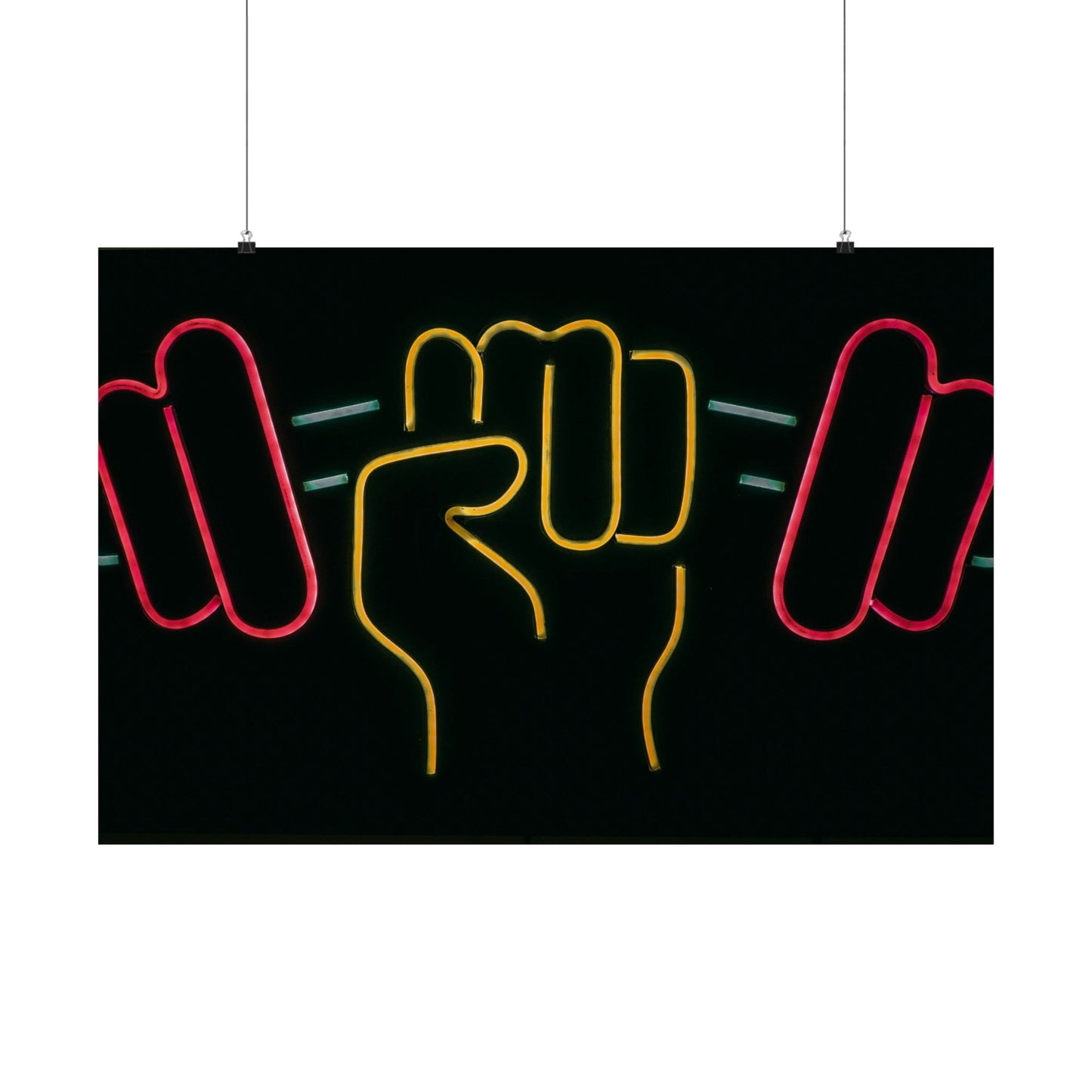 Neon Fitness Poster — Fist Gripping Dumbbell Matte Horizontal Wall Art