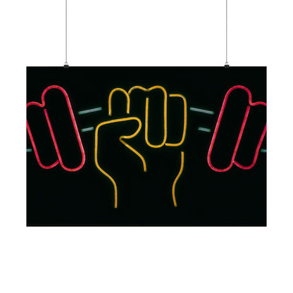 Neon Fitness Poster — Fist Gripping Dumbbell Matte Horizontal Wall Art