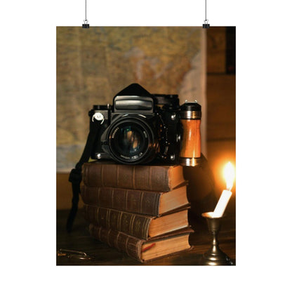 Vintage Camera on Books Matte Poster — Retro Photography Wall Art