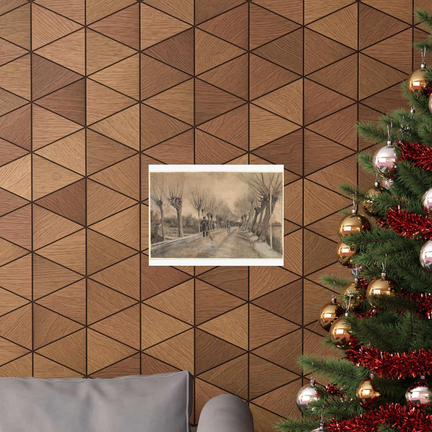 Vintage Tree-Lined Path Matte Horizontal Poster — Sepia Landscape Print