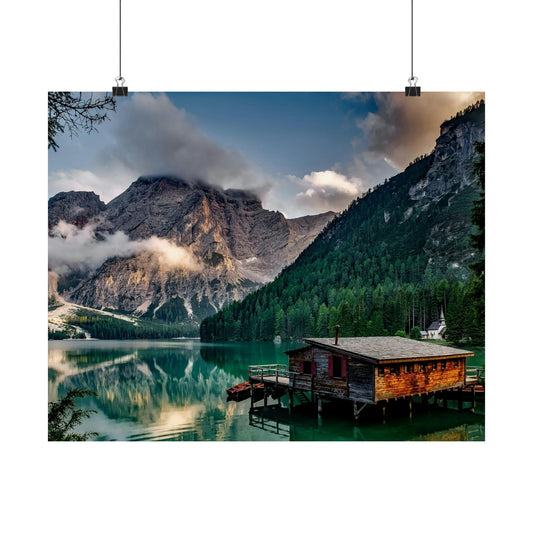 Matte Horizontal Poster — Serene Mountain Lake Cabin Wall Art
