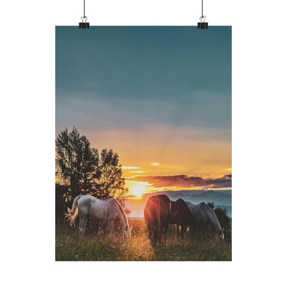 Sunset Horses Matte Poster — Vertical Nature Wall Art