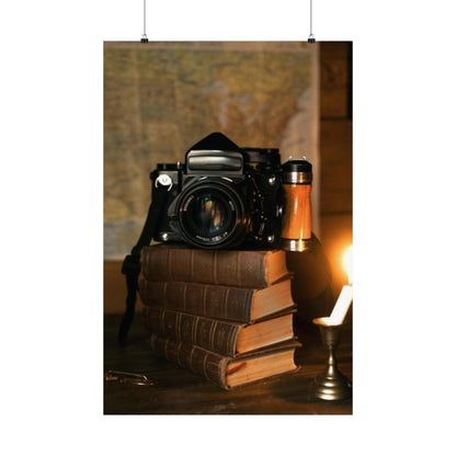 Vintage Camera on Books Matte Poster — Retro Photography Wall Art