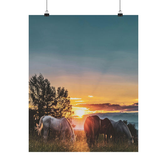 Sunset Horses Matte Poster — Vertical Nature Wall Art