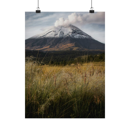 Volcanic Mountain Landscape Matte Poster — Dramatic Snow-Capped Peak Wall Art