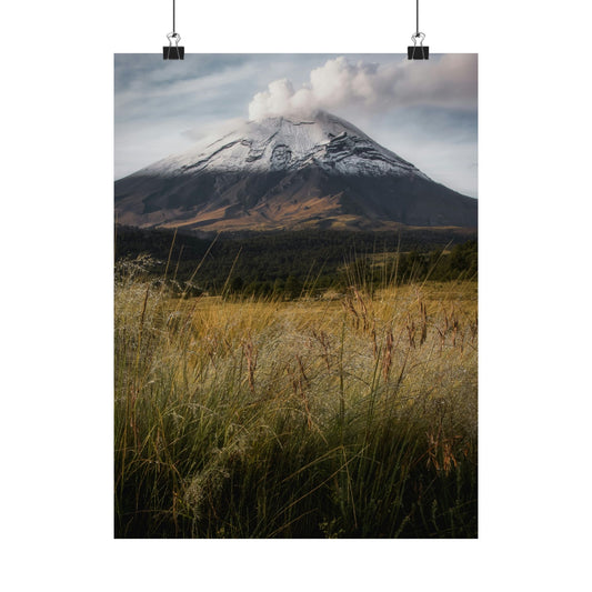 Volcanic Mountain Landscape Matte Poster — Dramatic Snow-Capped Peak Wall Art