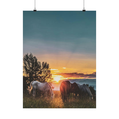 Sunset Horses Matte Poster — Vertical Nature Wall Art