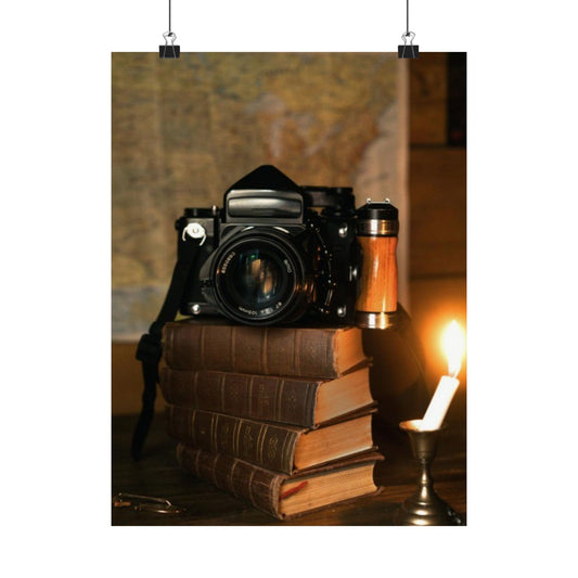 Vintage Camera on Books Matte Poster — Retro Photography Wall Art