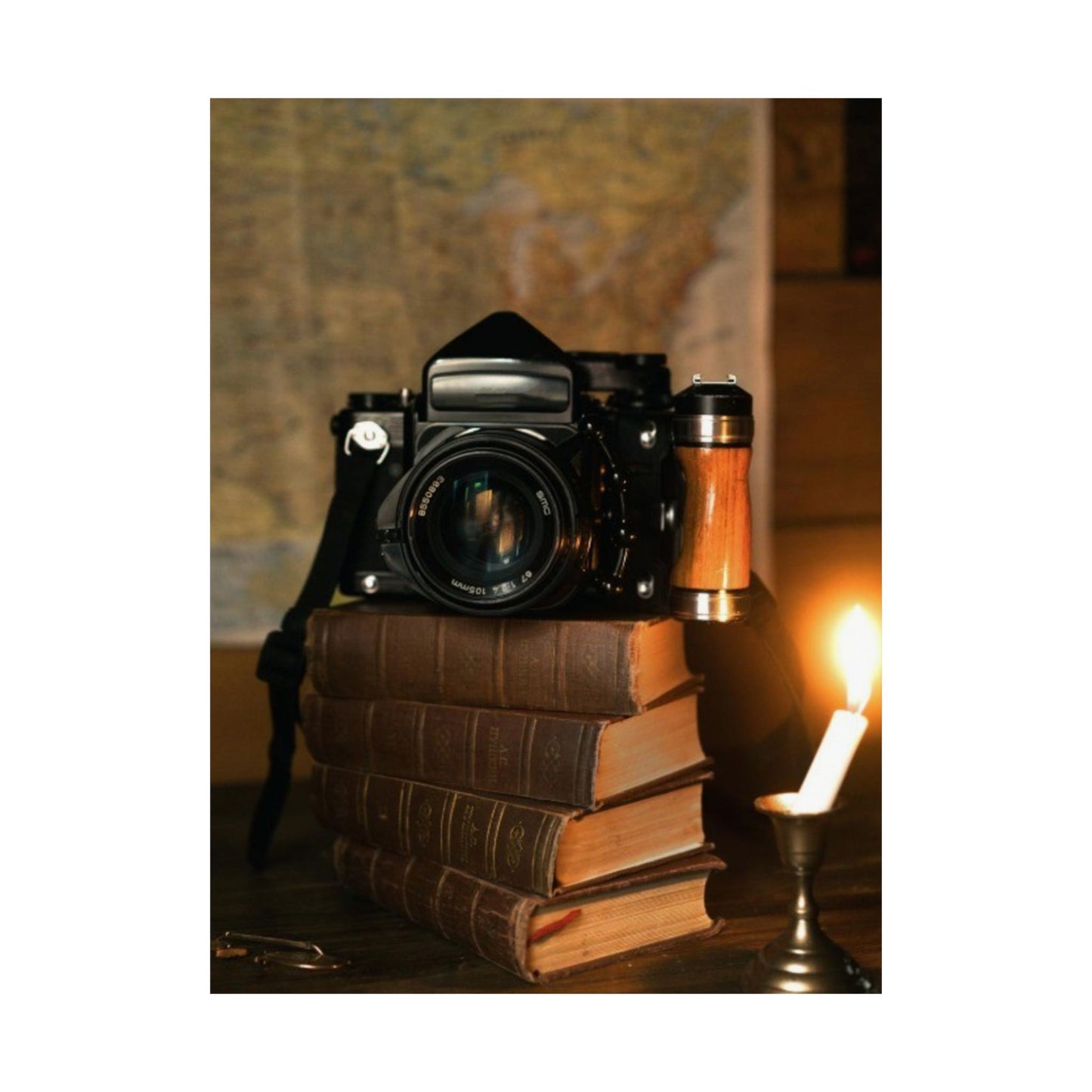 Vintage Camera on Books Matte Poster — Retro Photography Wall Art