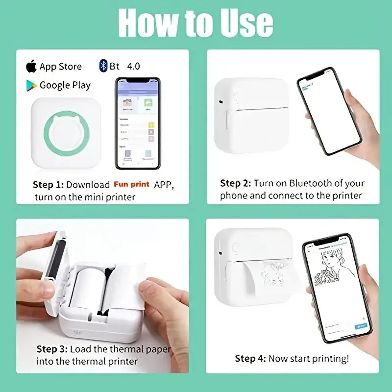 Portable Mini Thermal Printer Wirelessly BT 203dpi